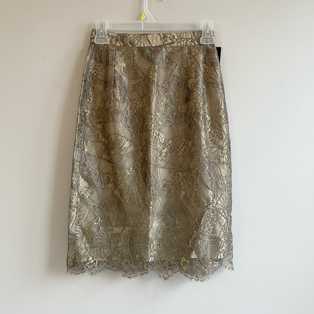 PILAR ROSSI SAKS FIFTH AVENUE PENCIL SKIRT GOLD TAUPE METALLIC LINED ZIPPER